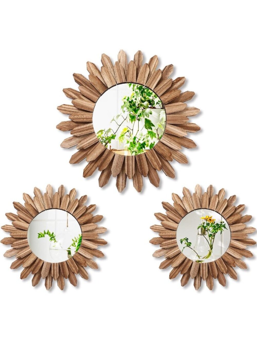 3-Piece Boho Wall Decor Set - Sunburst Round Mirrors in Natural Wood Finish